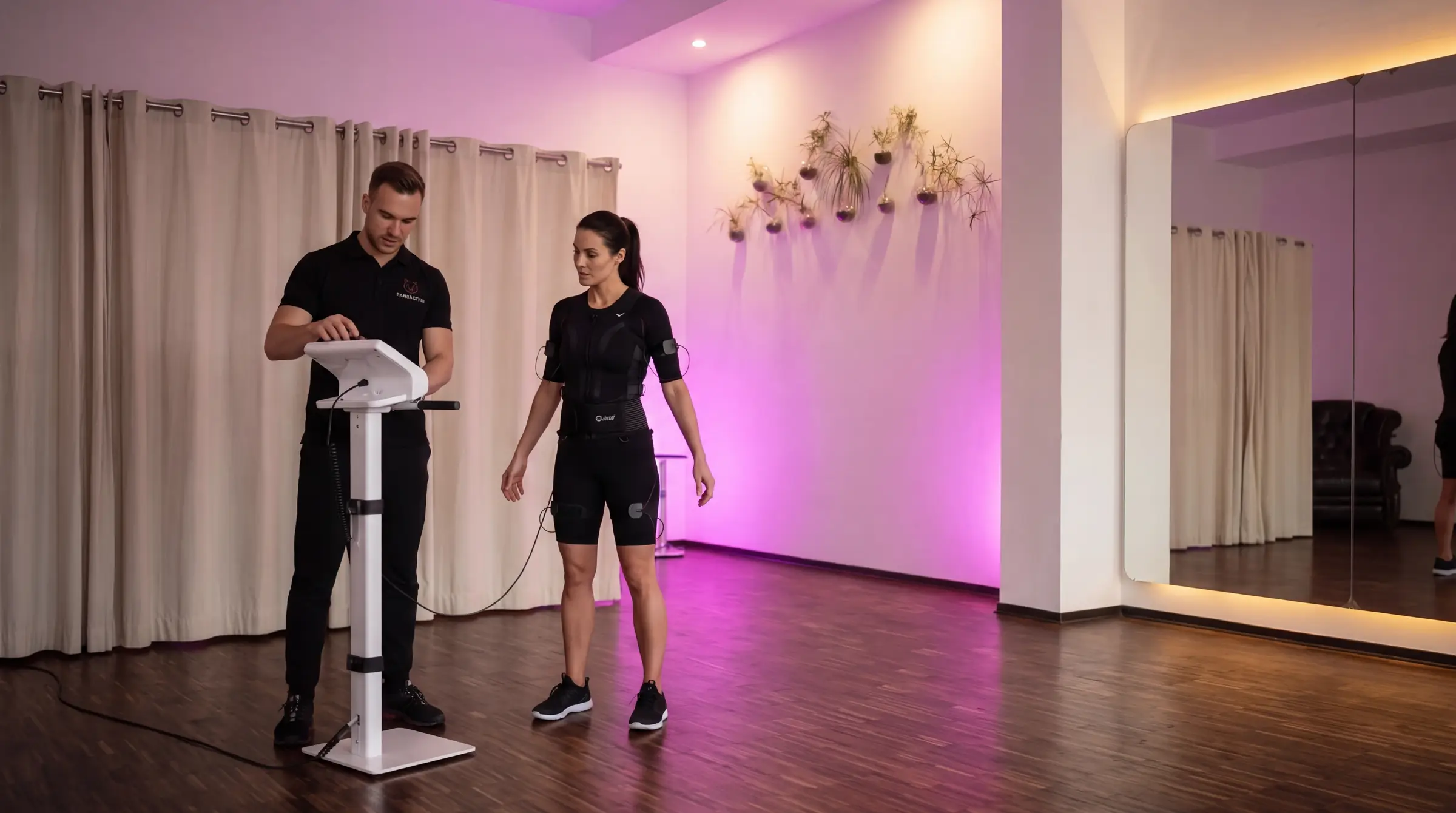 Trainer stellt das EMS-Steuergerät ein, daneben eine Kundin im Trainingsanzug, erste Einheit im PANDACTIVE Studio in Stuttgart-Mitte