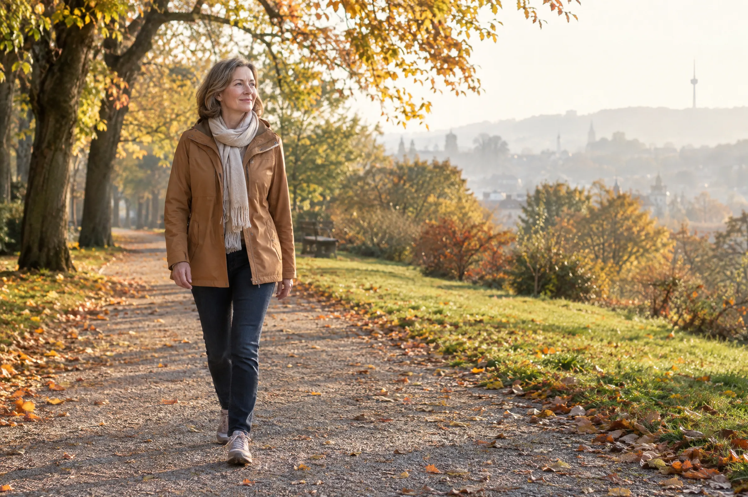 Frau um die 50 geht an einem Herbstmorgen ruhig über einen Parkweg, im Hintergrund Stuttgart im Morgendunst