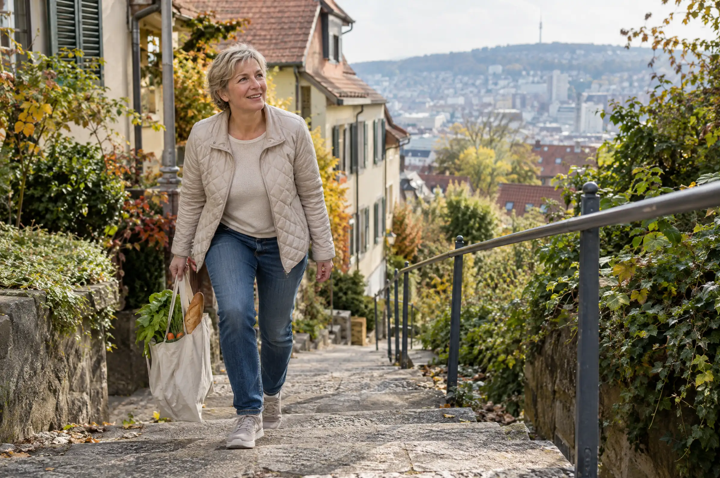 Frau um die 50 steigt mit Einkaufstasche eine Stäffele in Stuttgart hinauf, im Hintergrund der Fernsehturm