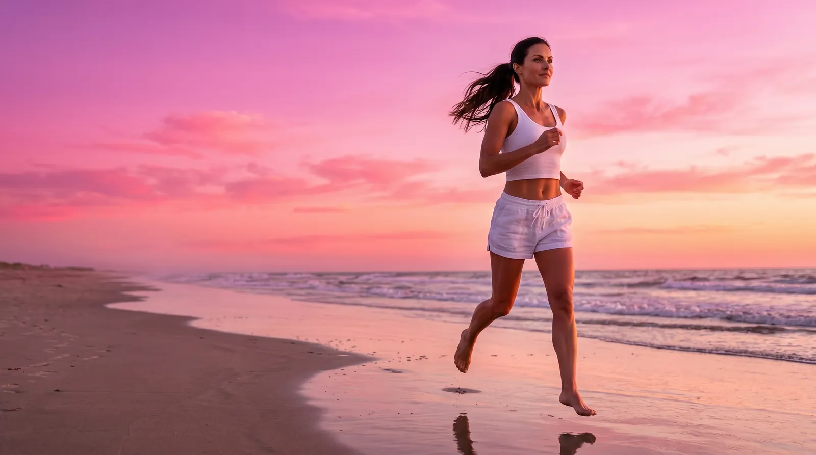 Lauf am Strand bei Sonnenuntergang