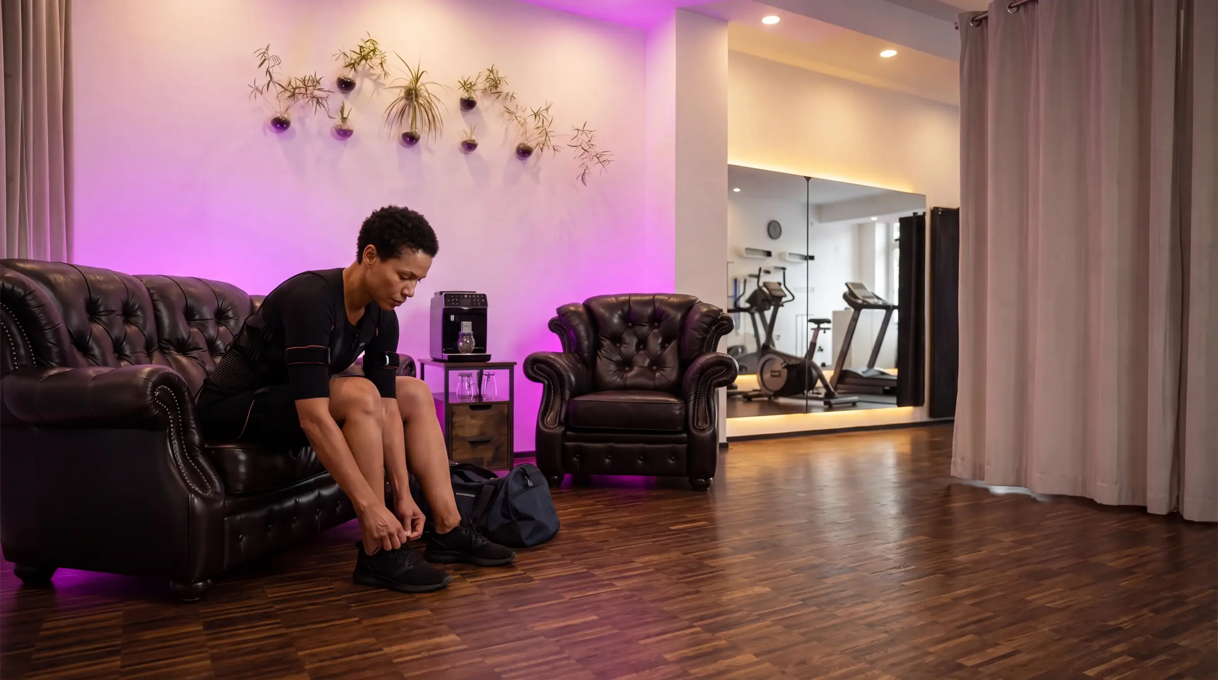 Frau im EMS-Anzug schnürt vor dem Training ihre Schuhe im PANDACTIVE Studio in Stuttgart-Mitte