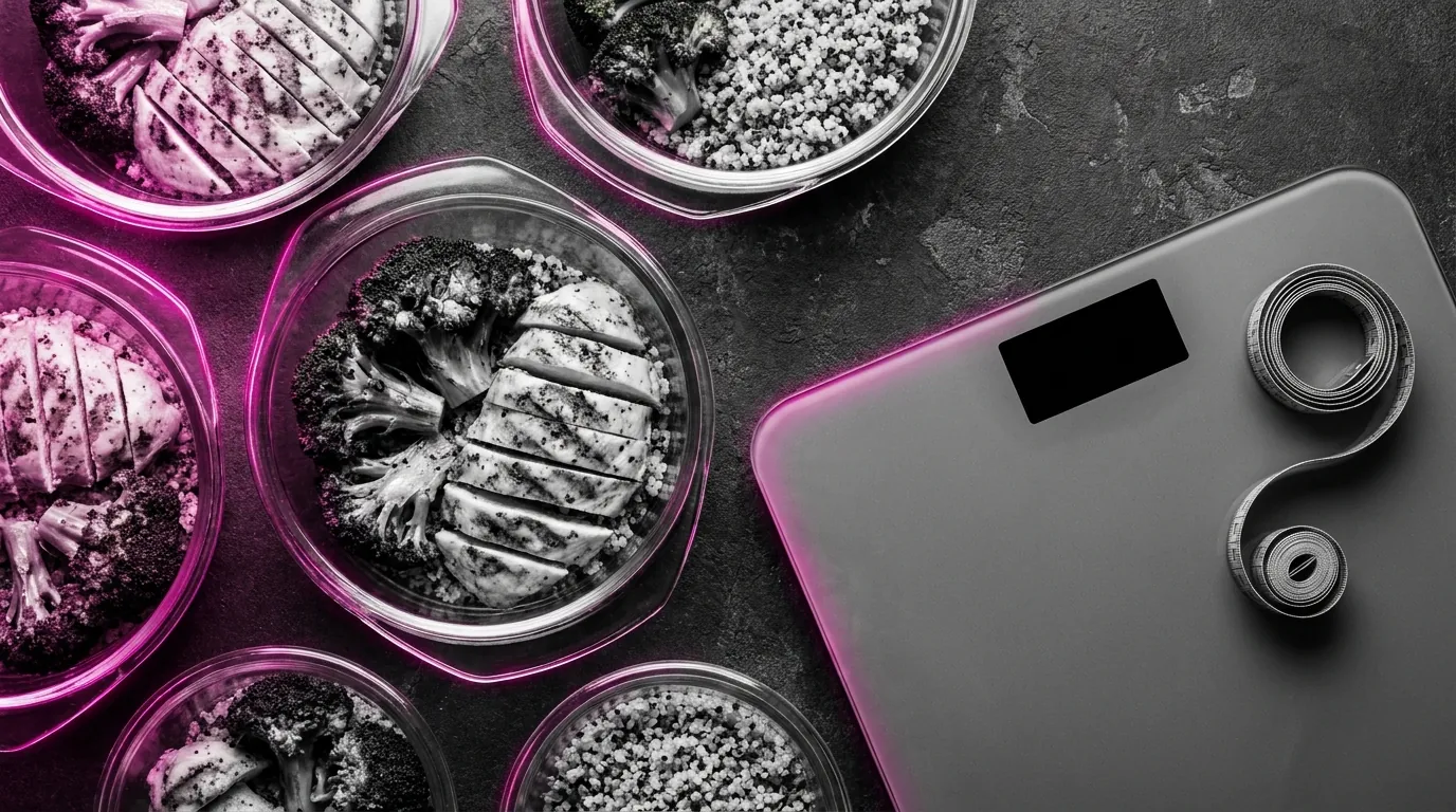 Meal-Prep-Bowls, Körperwaage und Maßband